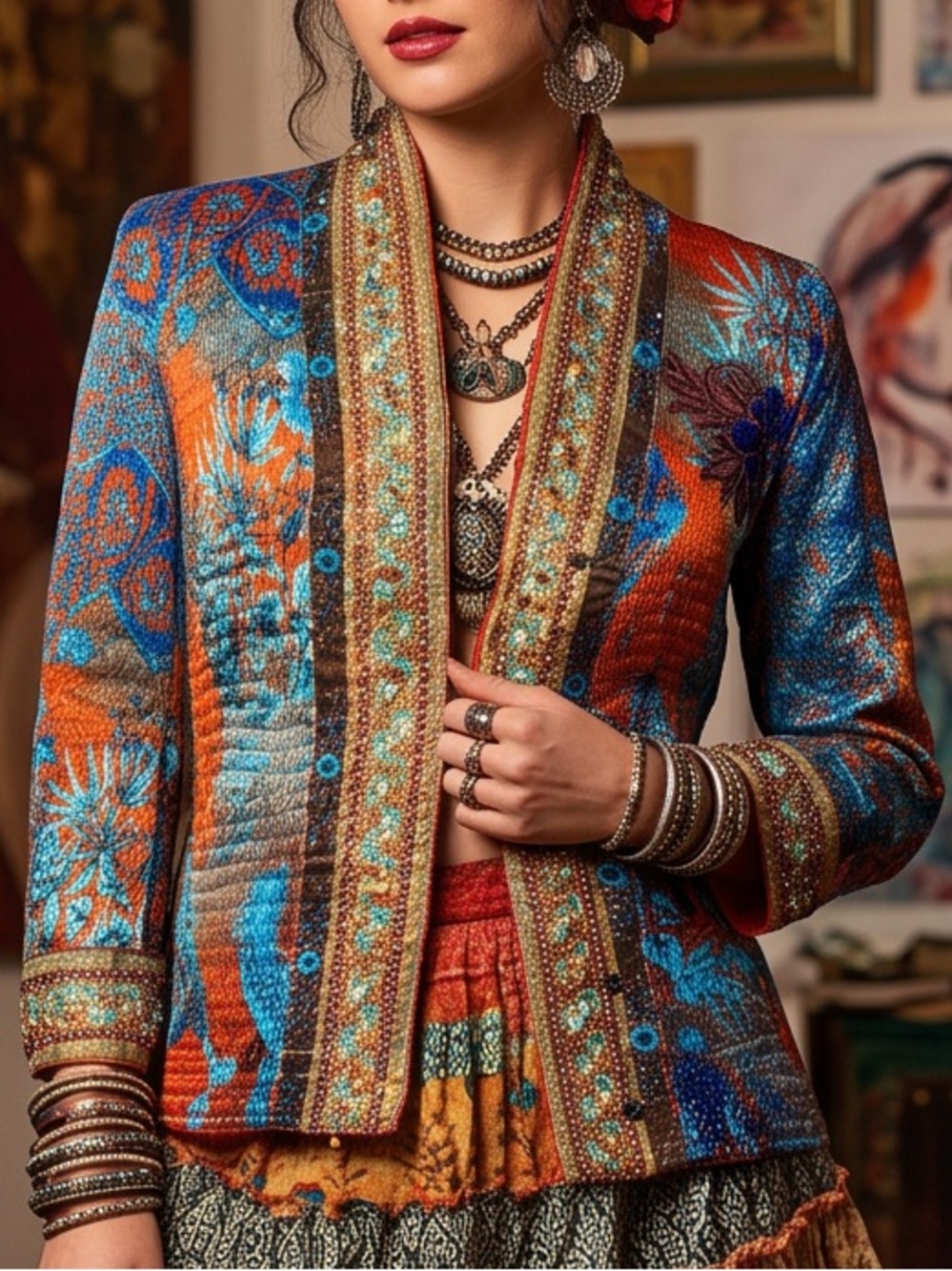 Alberto Makali Vintage Turquoise & Rust Embroidered w/Stones Velvet Jacket